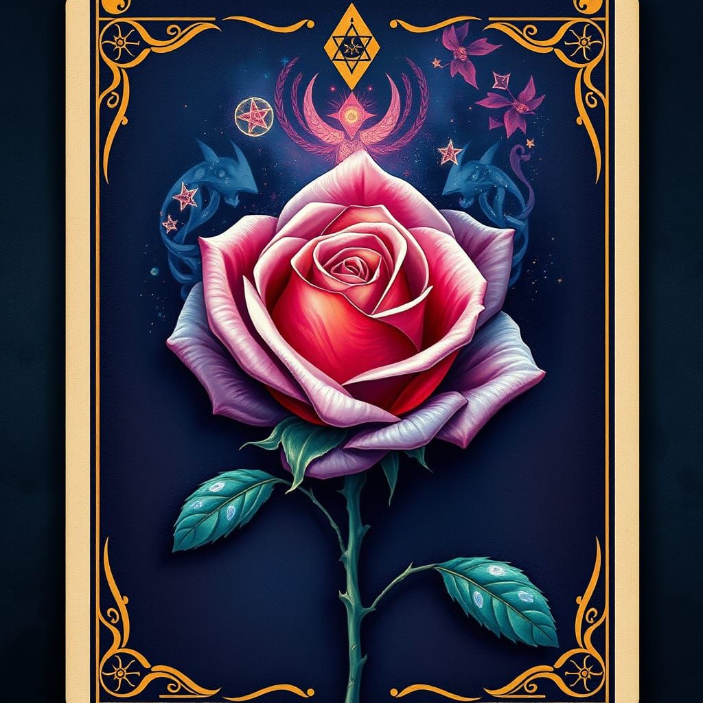 an eclectic style tarot card with a pink core style. The tarot card is adorned in mahogany, with soft airbrushing techni...