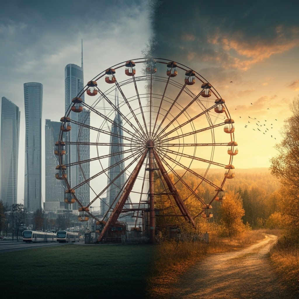 Surreal Ferris Wheel Divides City and Nature at Dawn