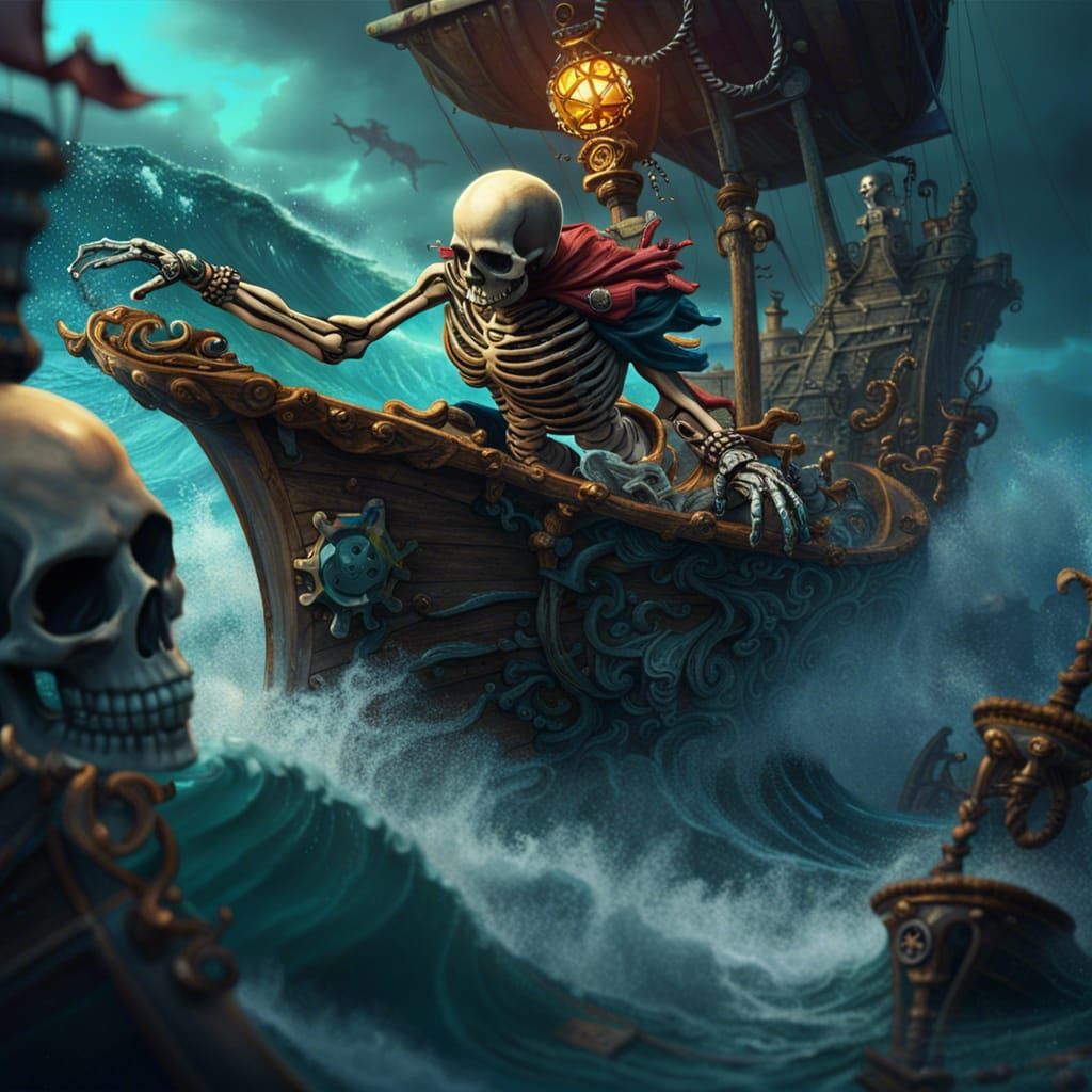Skeleton Surfing Waterspout with Pirate Treasure