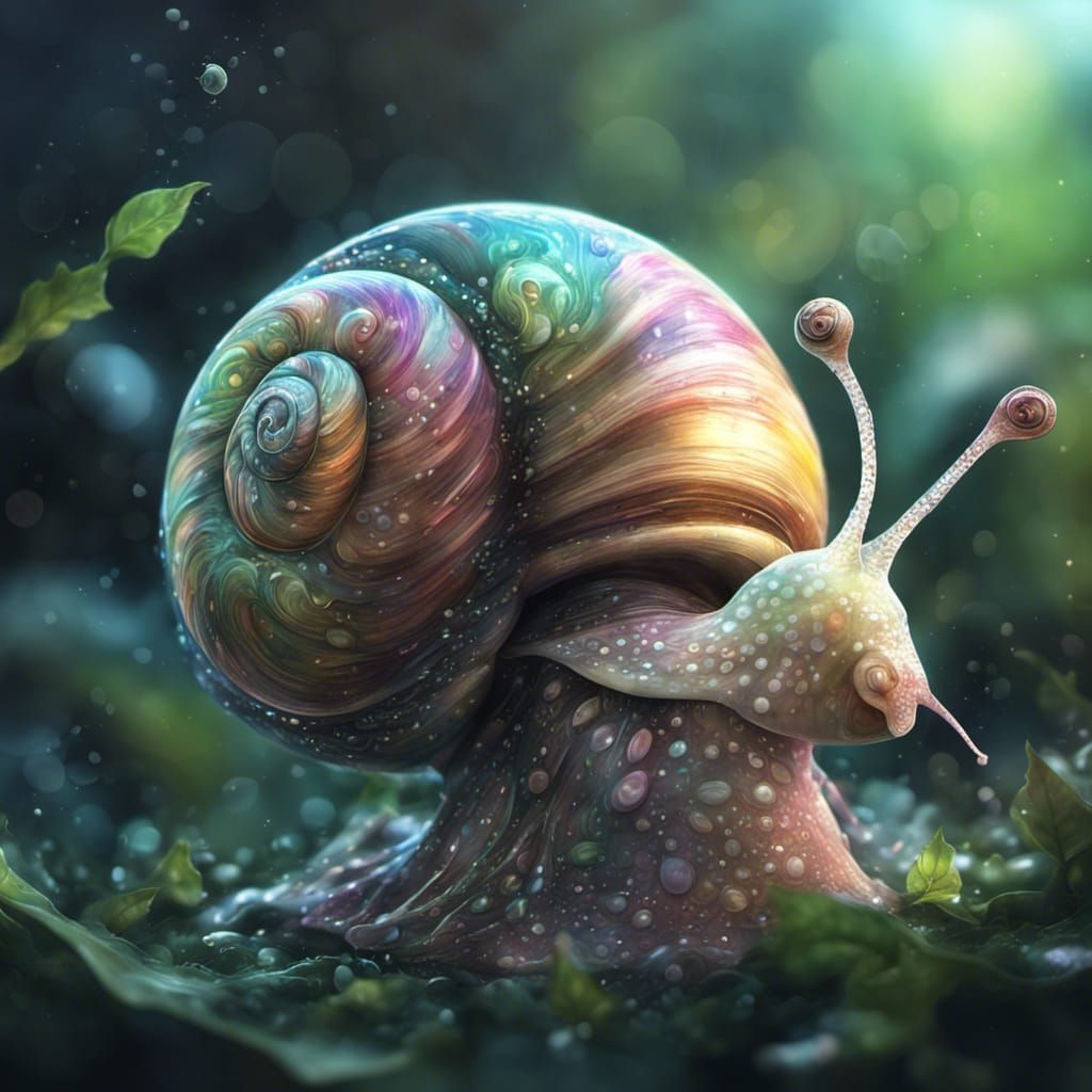 Mystical Snail-Leaf Creature Splashing in Bioluminescent Pud...
