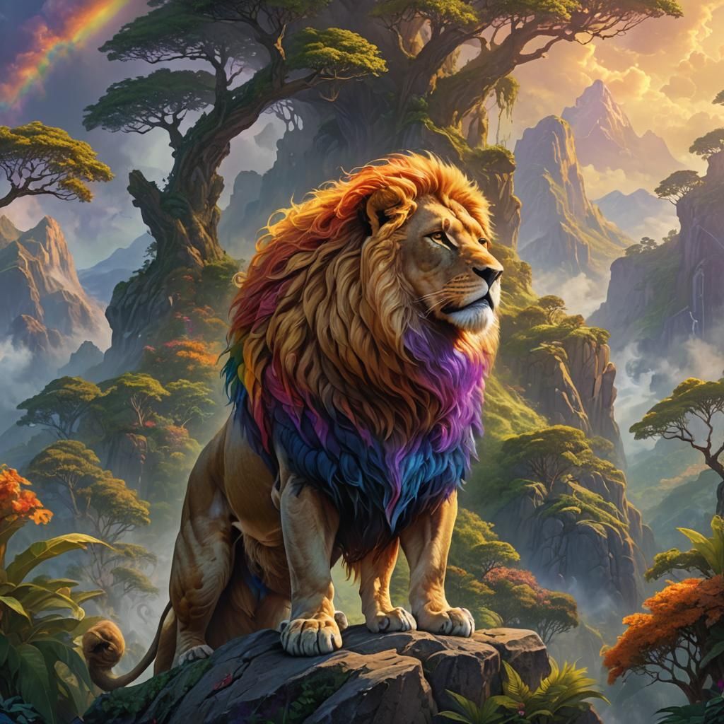 Regal Lion on Mountain Peak in Fantasy Art Style