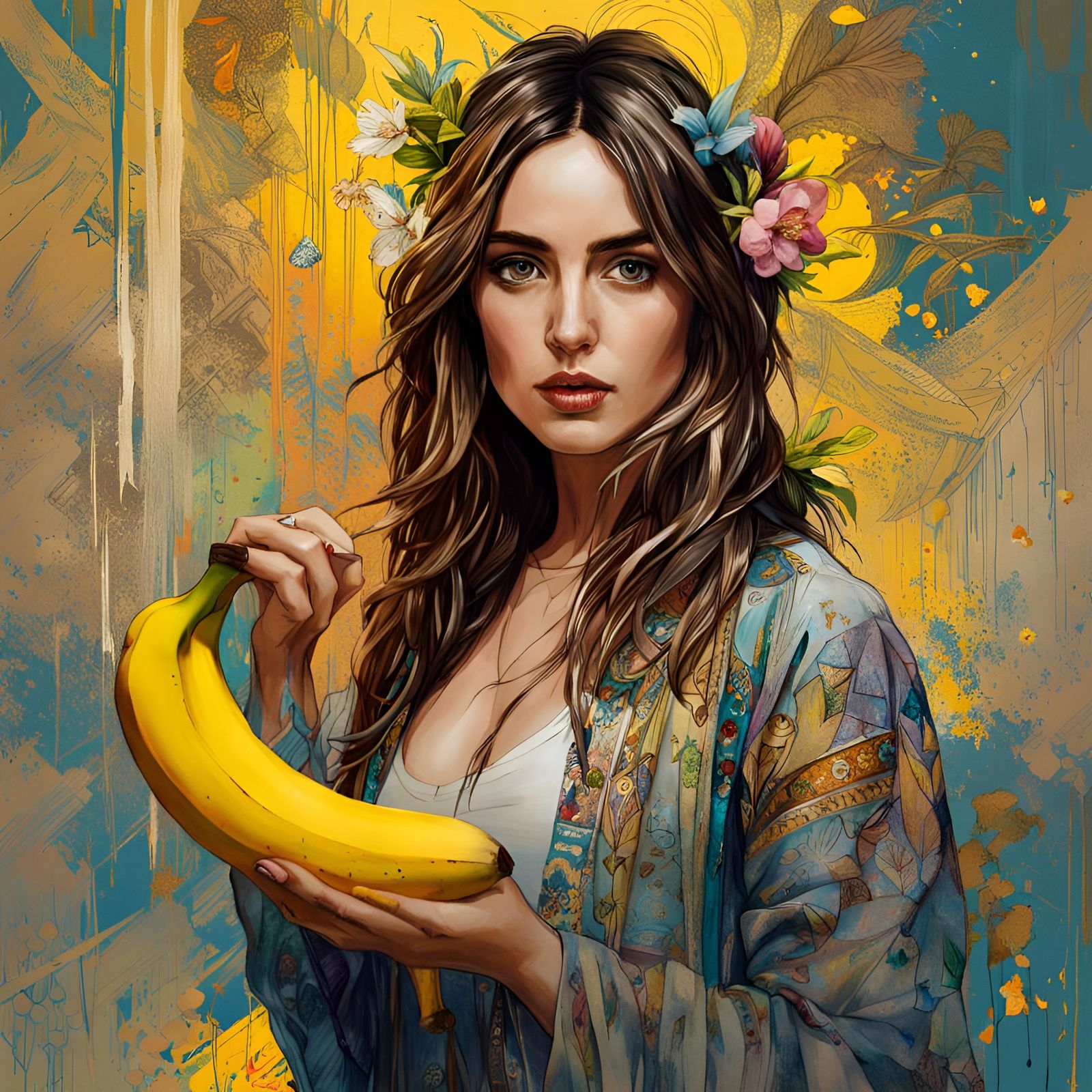 Portrait of Woman with Banana, Digital Illustration