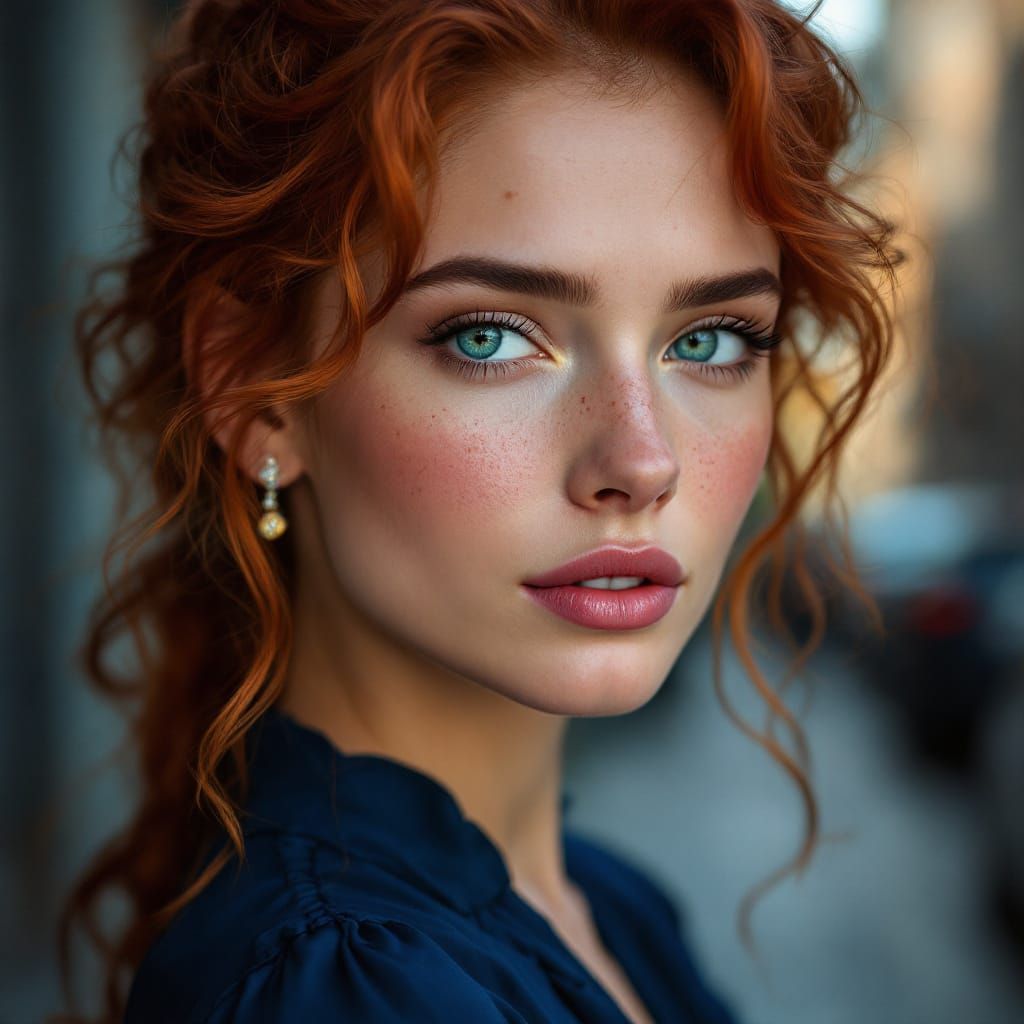 Elegant Redhead Portrait with Emerald Eyes, Hyperrealistic