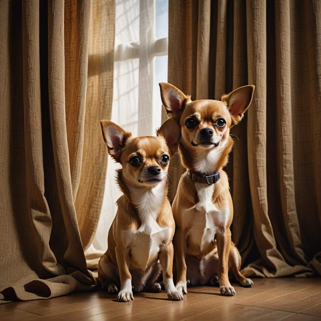 Hyperrealistic Pembroke Chihuahuas Emerge from Curtains