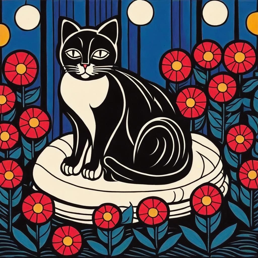 Cute Cat Surrounded by Flowers and Heart Lights