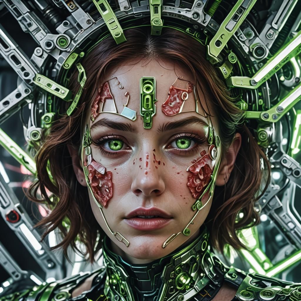 Sci-Fi Salami Forehead: Hyperrealistic Metallic Art