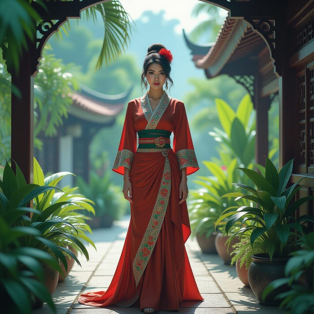 Elegant Woman in Lush Brunei Environment, Hyperrealistic Sty...