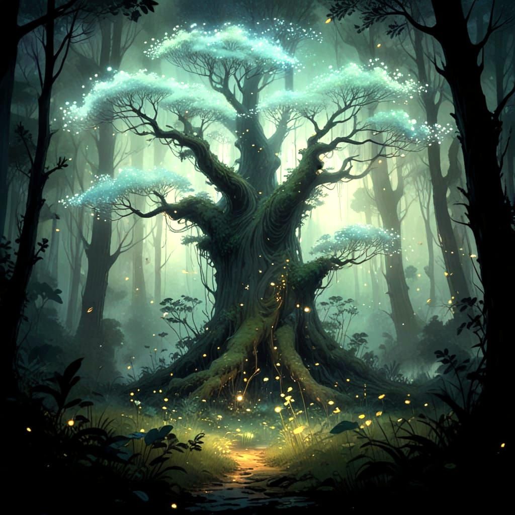 Whimsical Forest of Shimmering Lights in Mystical Landscapes