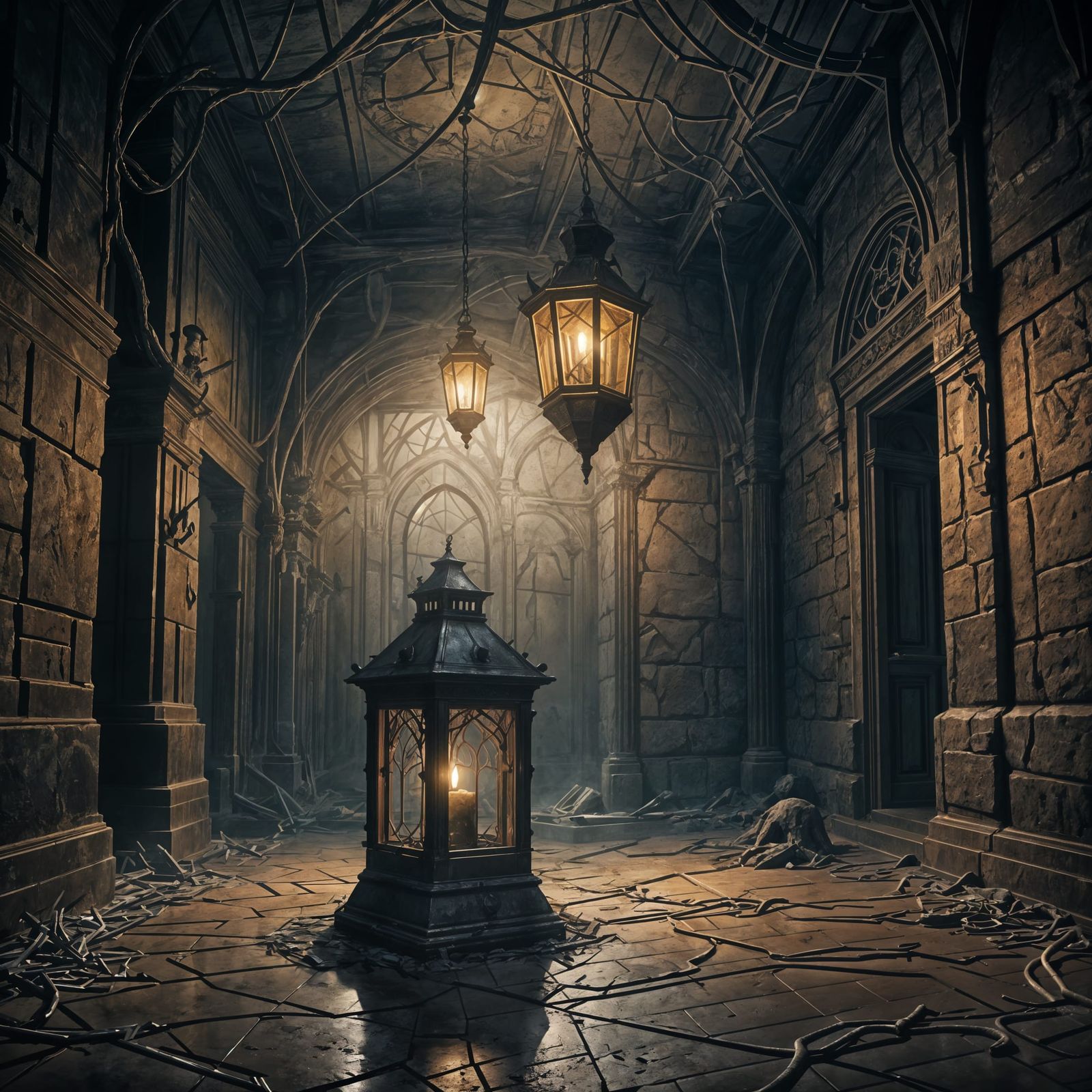 Dark Crypt Room with Lantern: Fantasy Concept Art
