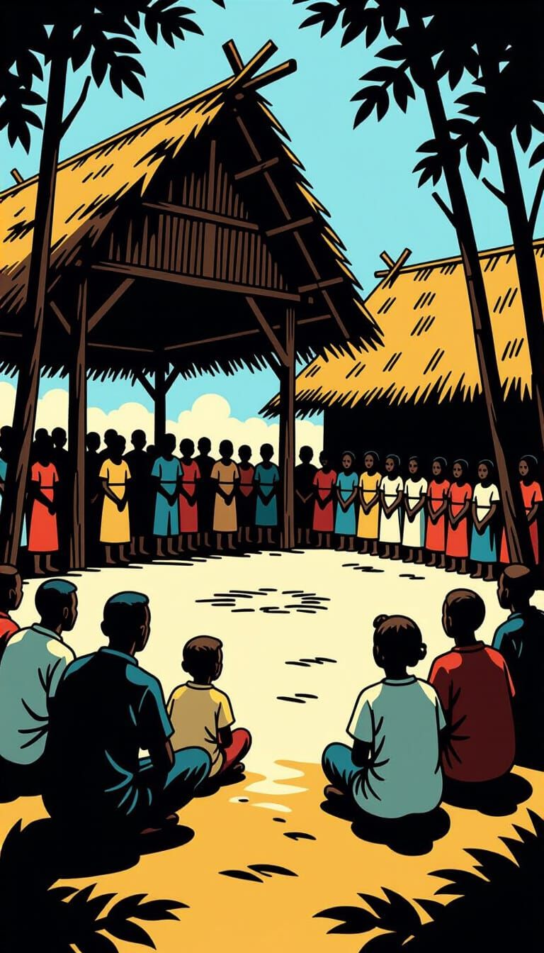 Village Gathering Under Leaf Roof, Gothic Horror Style