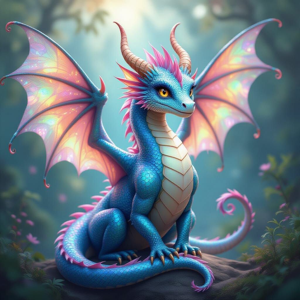 Enchanted Faye Dragon with Iridescent Body and Glittering Wi...