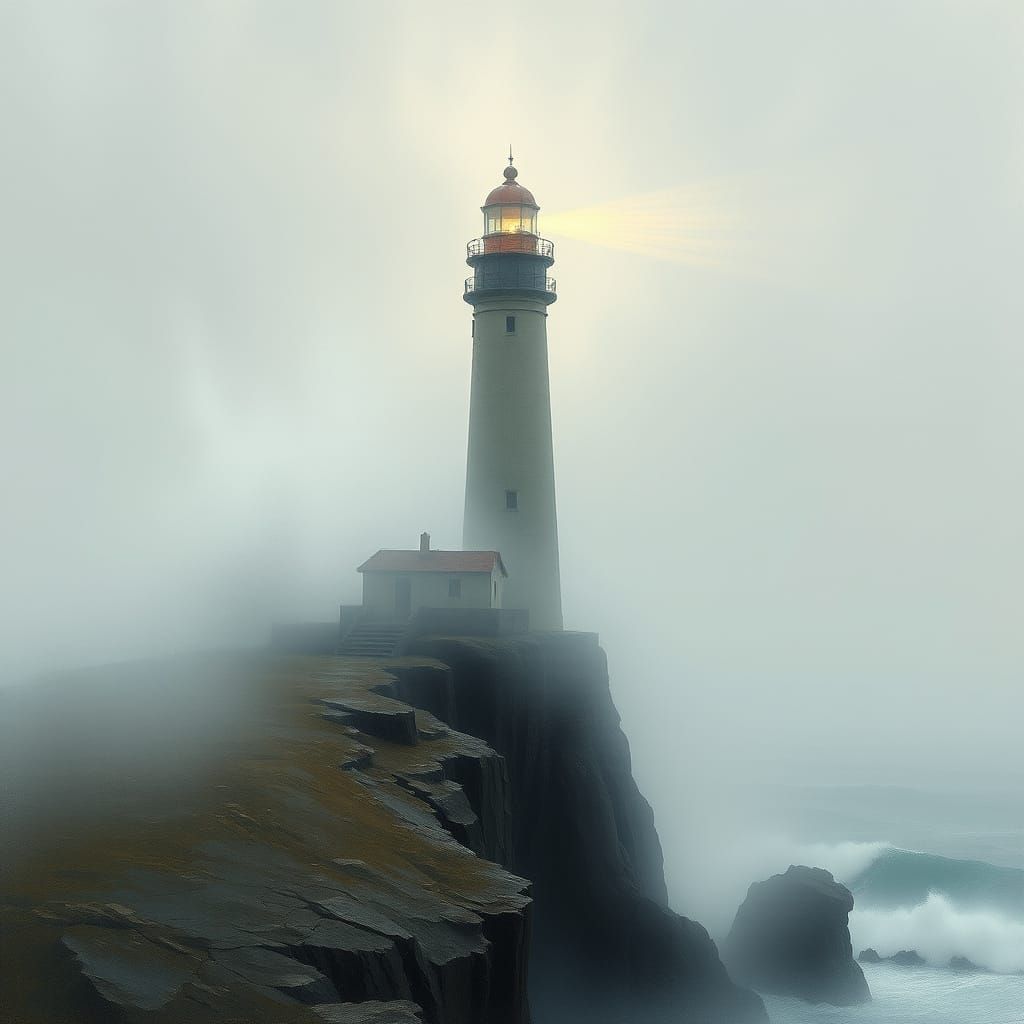 Weathered Lighthouse Amidst Turbulent Sea and Fog