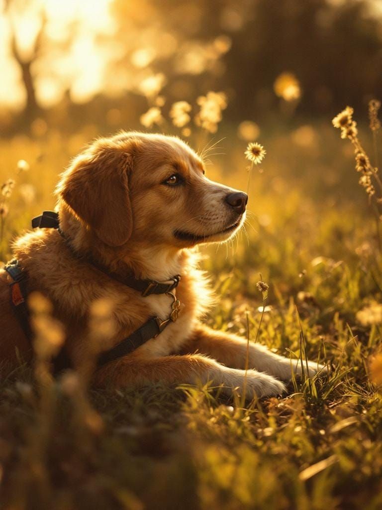 Dog in Sunlight: Nostalgic Golden-Hour Scene
