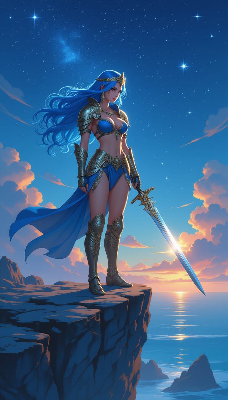 Blue-Haired Warrior Princess on Windswept Cliff