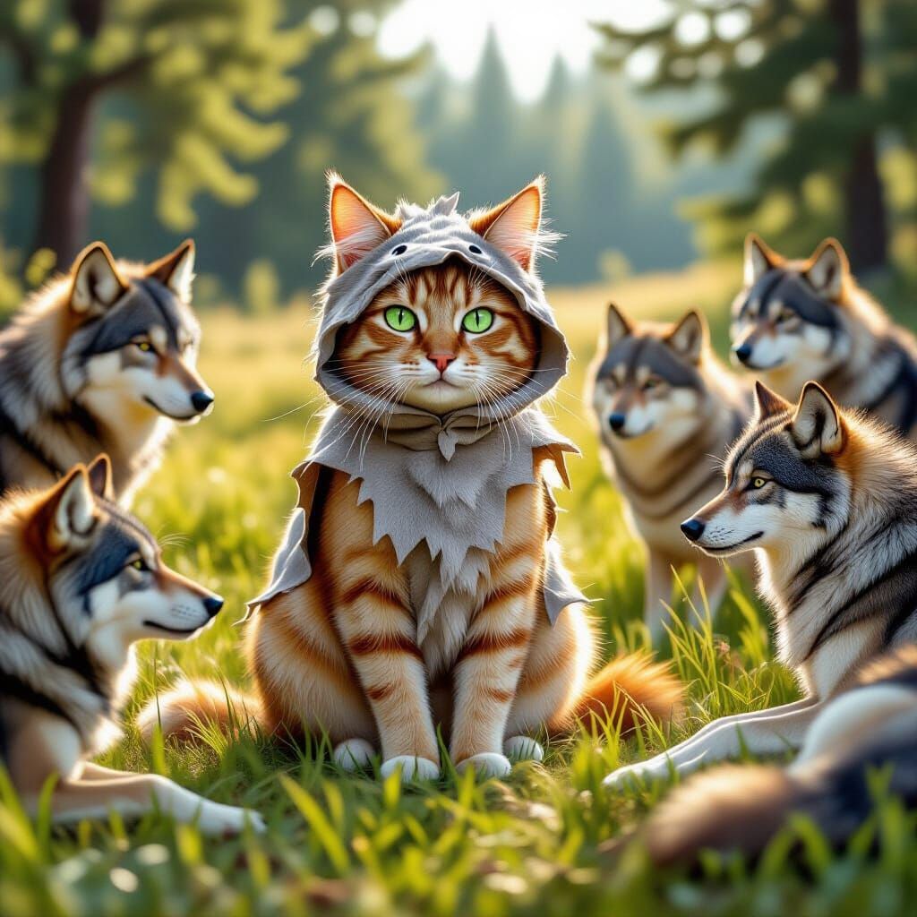 Orange Cat in Wolf Disguise Among Wolves