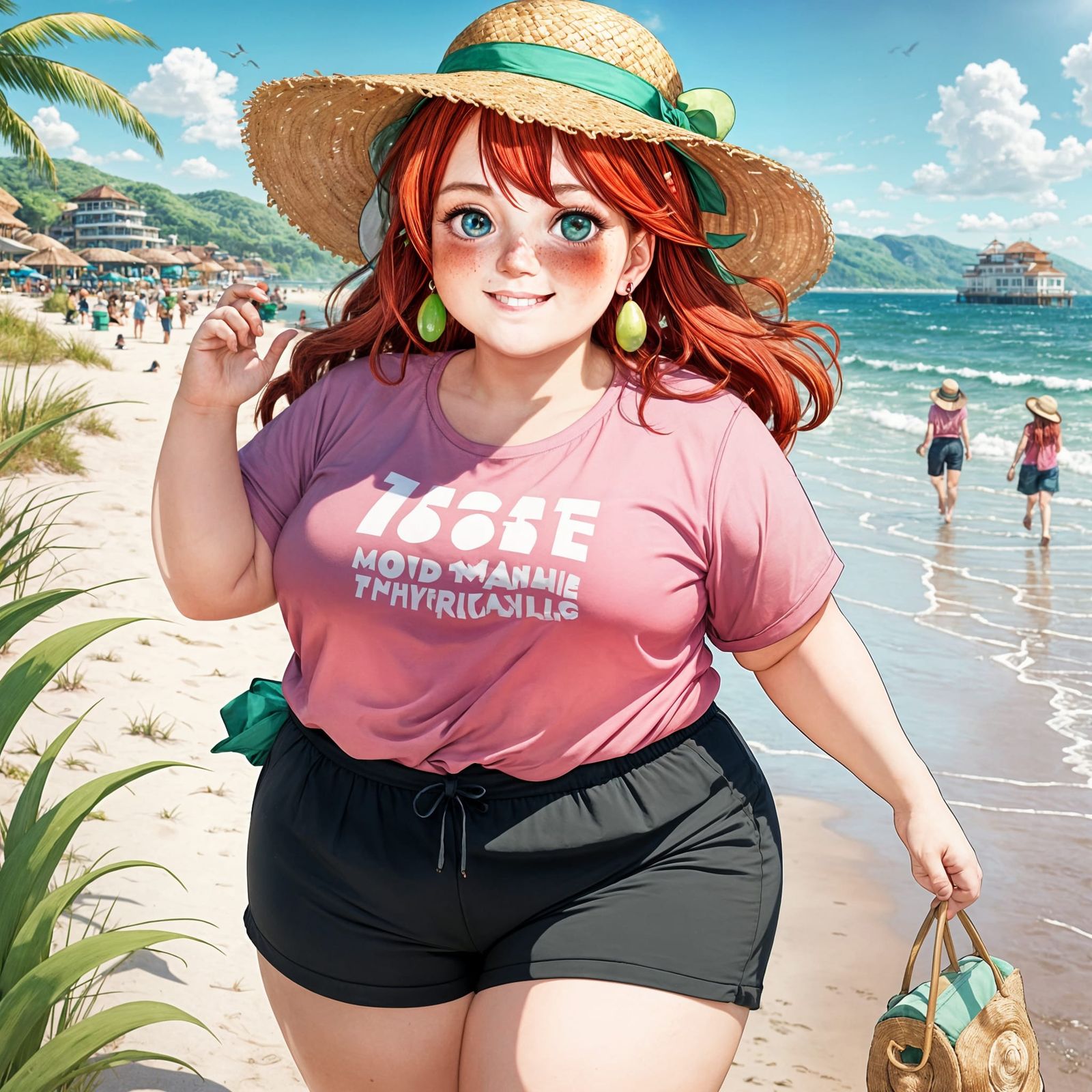 Stunning Red-Haired Lady Walks the Beach in Modern Anime Sty...