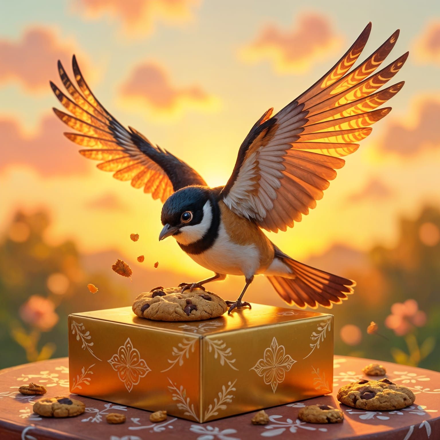Whimsical Bird Steals Cookie in Sunset Light