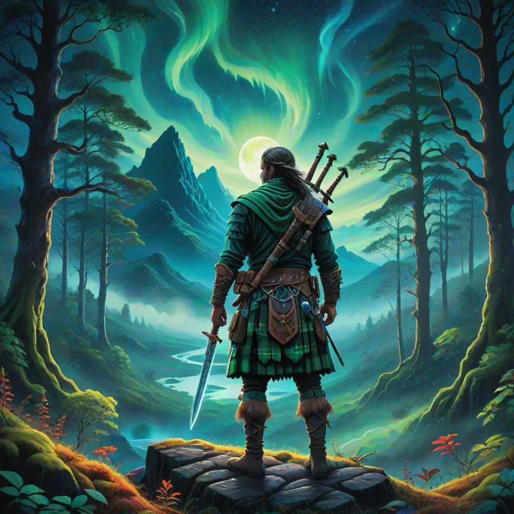 Ethereal Warrior in Moonlit Scottish Highlands