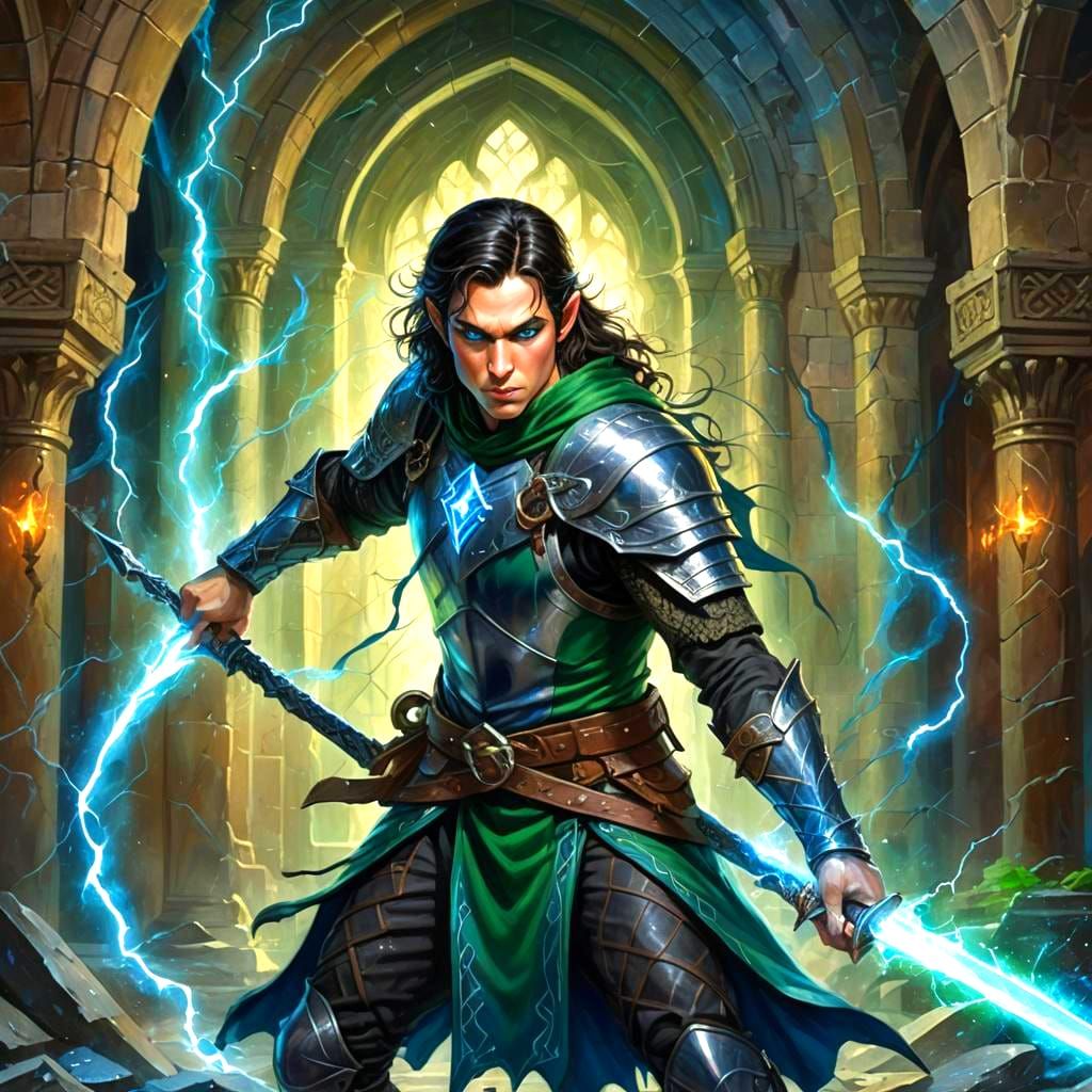 Half-Elf Rogue in Treasure Hall with Celtic Design