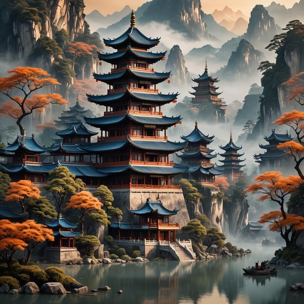 Majestic Chinese Pagoda in Mystical Landscape