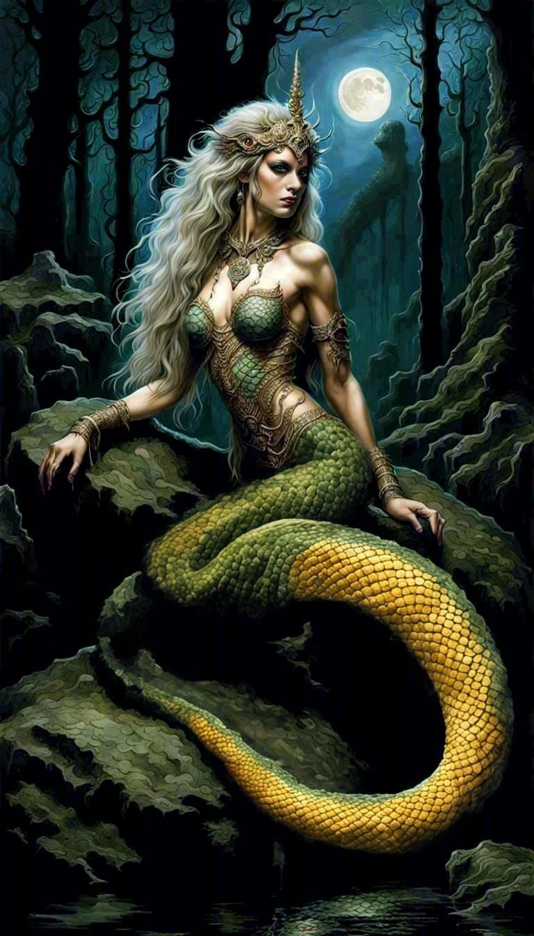 Fierce Mermaid with Long Tail in Detailed Fantasy Art