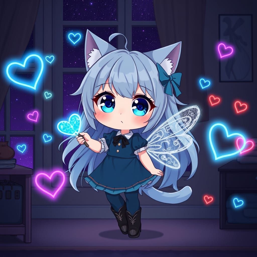Chibi Anime Catgirl with Wand in Synthwave Style