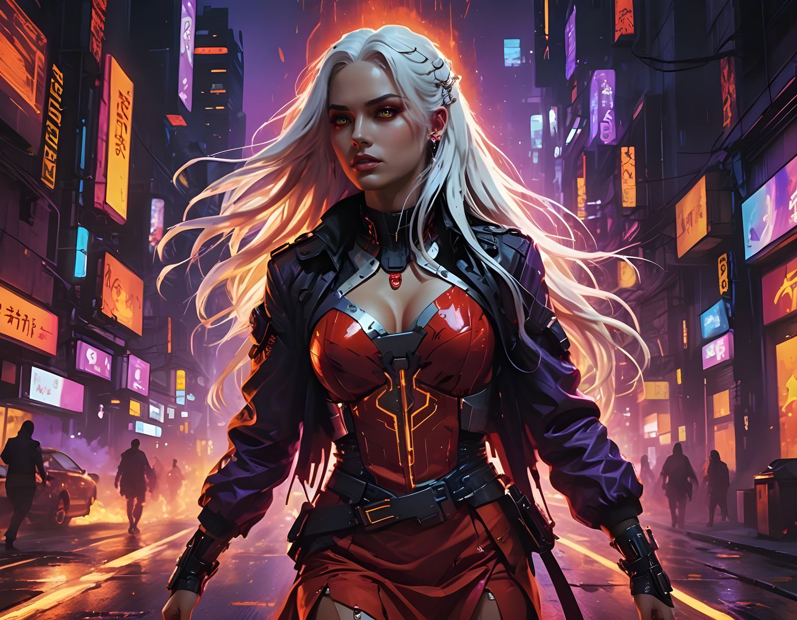 Cyberpunk Woman in Burning City Street