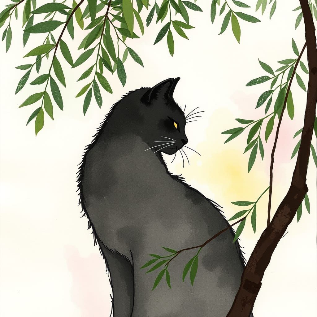 Serene Cat in Ink Painting with Pastel Abstract