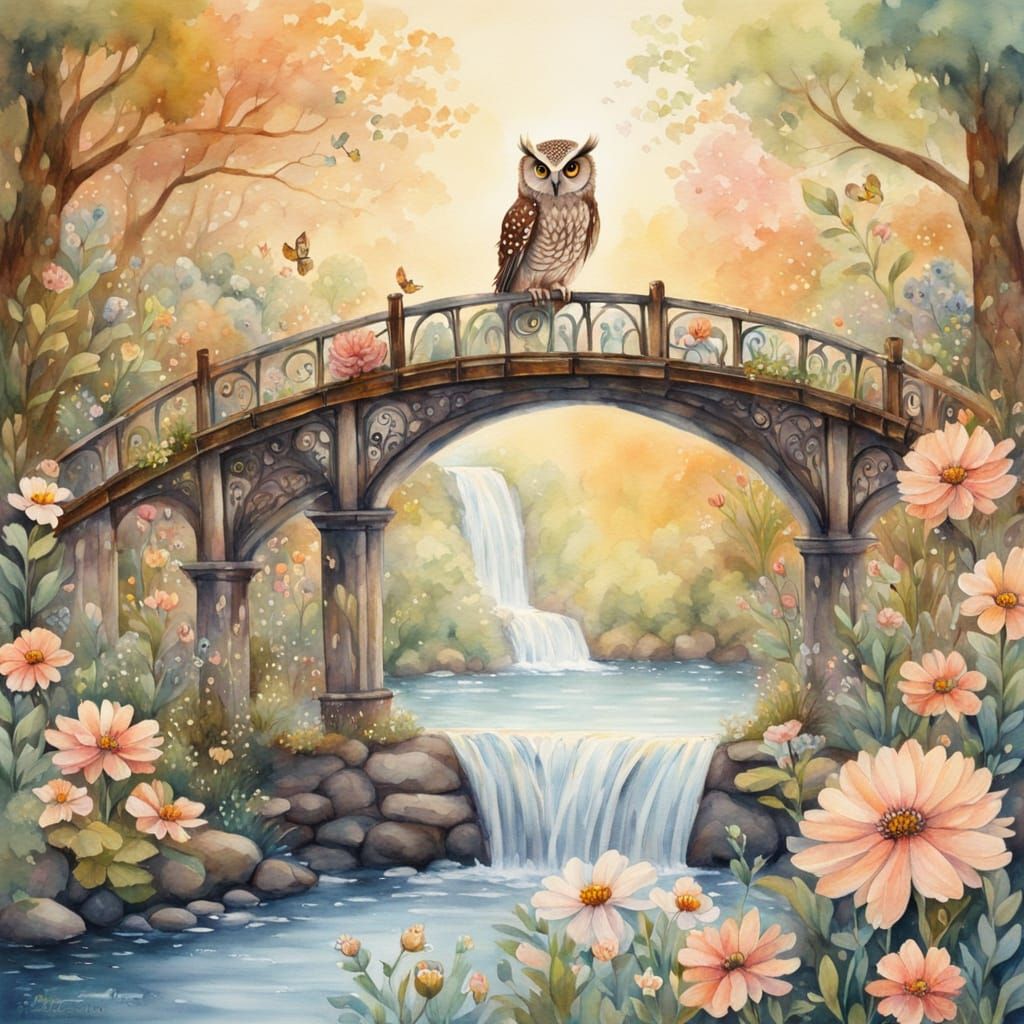 Watercolor Owl at Waterfall with Flowers