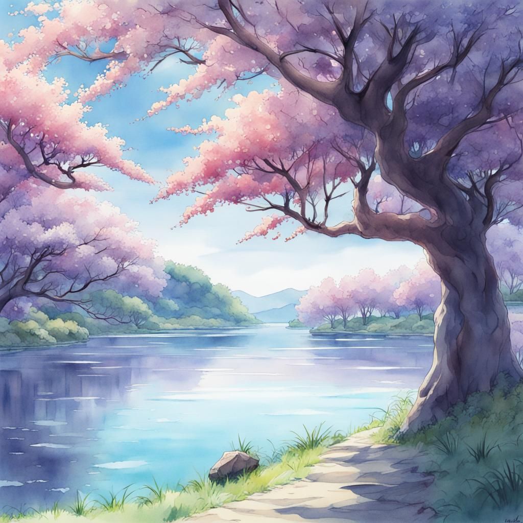 Watercolor Plum Trees by Lake: Studio Ghibli Style