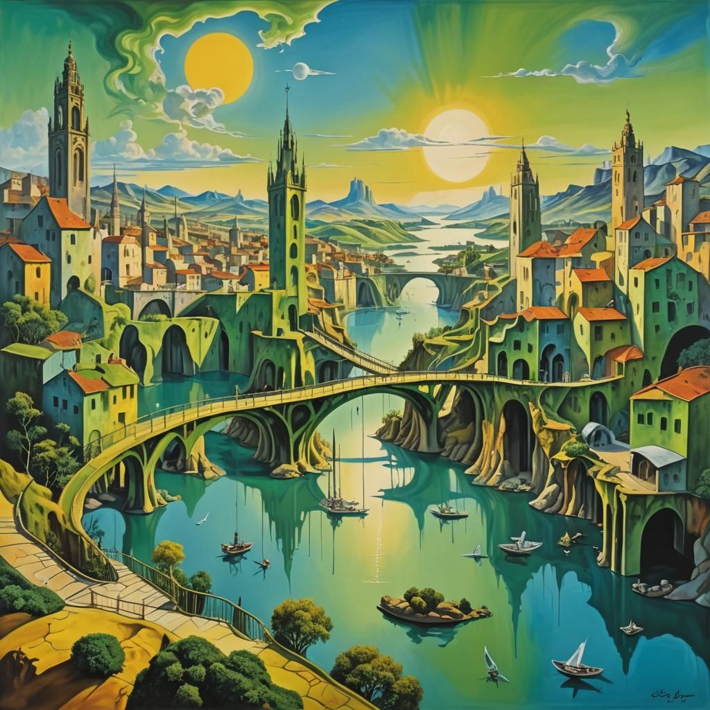 Surreal Yellow-Green City with Blue Sun
