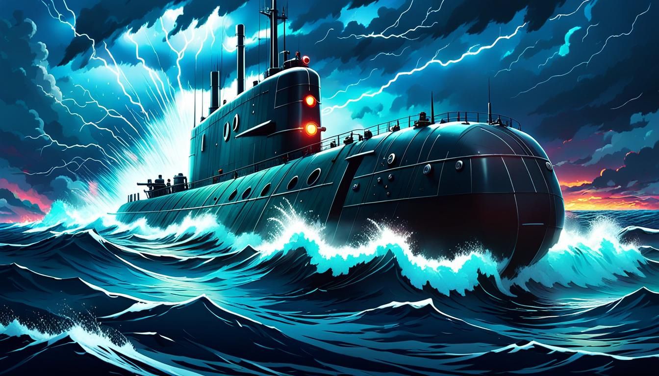 Submarine on Raging Sea in Anime Style