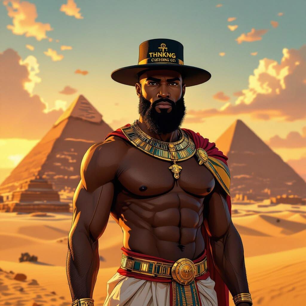 Muscular Black King in Africa with Ankh Thnkng Hat