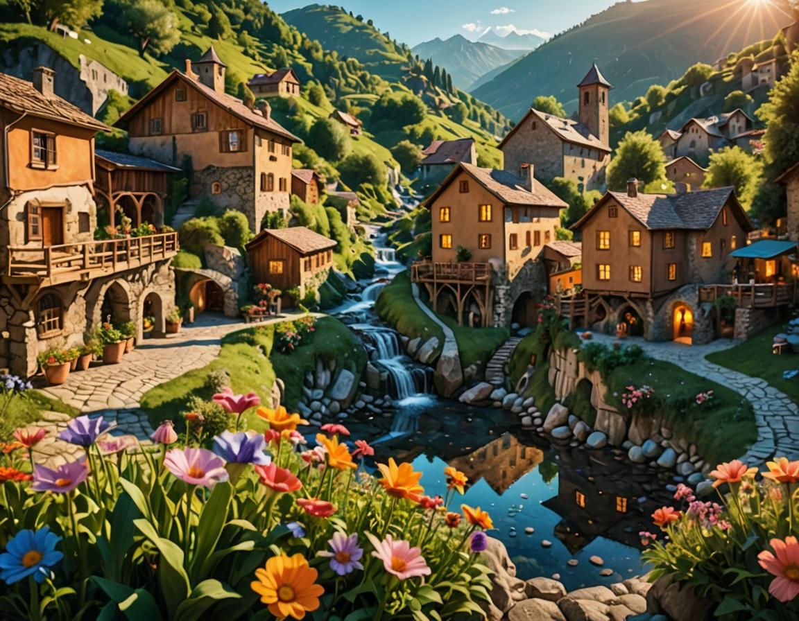 Italian Mountain Village in Surreal Holographic Style