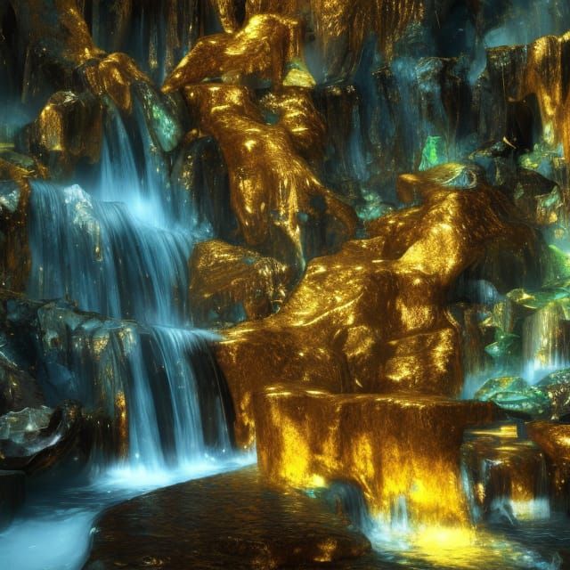 Golden Waterfall in Crystal Cave: Photorealistic Art
