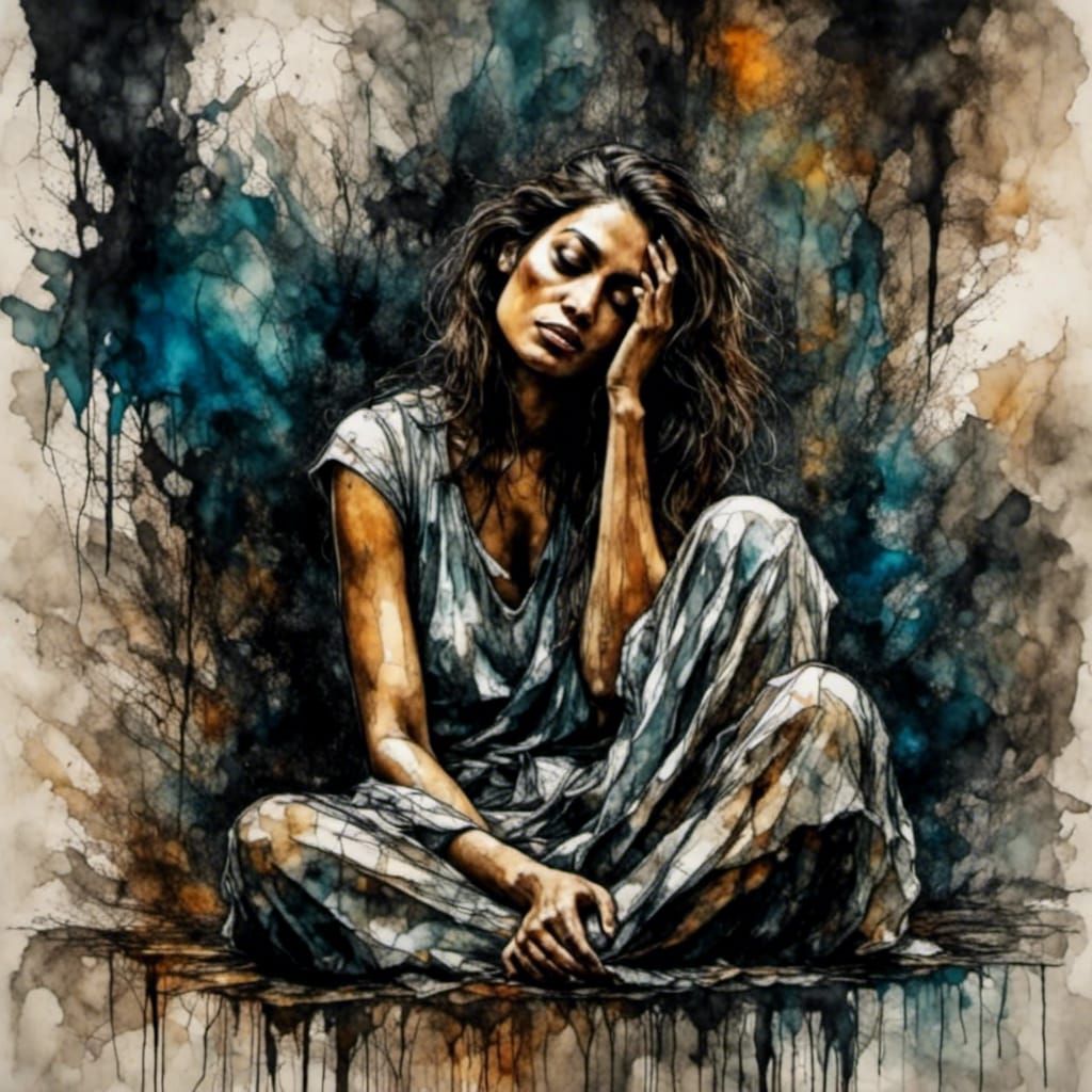 Woman in Despair: Alcohol-Ink Art in Dark Room
