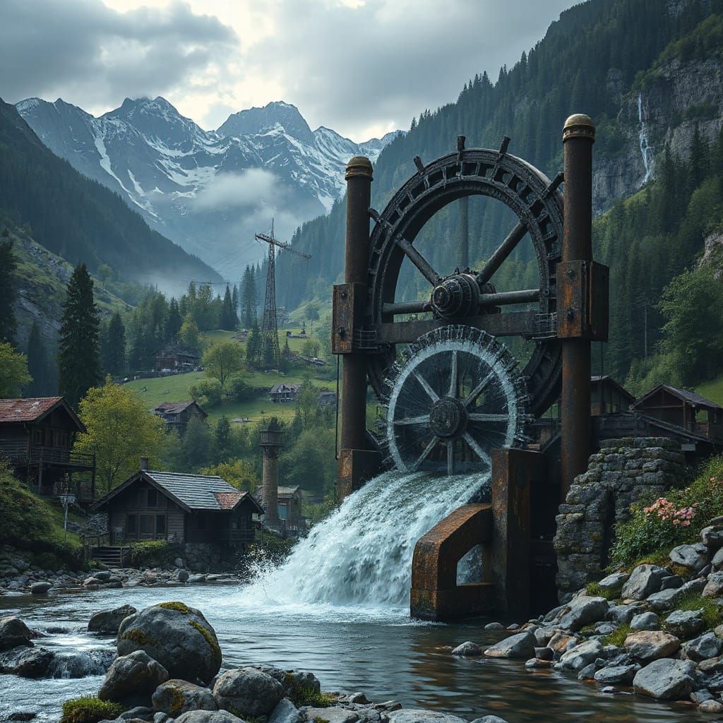 Surreal Waterwheel Scene in Fantasy Art Style