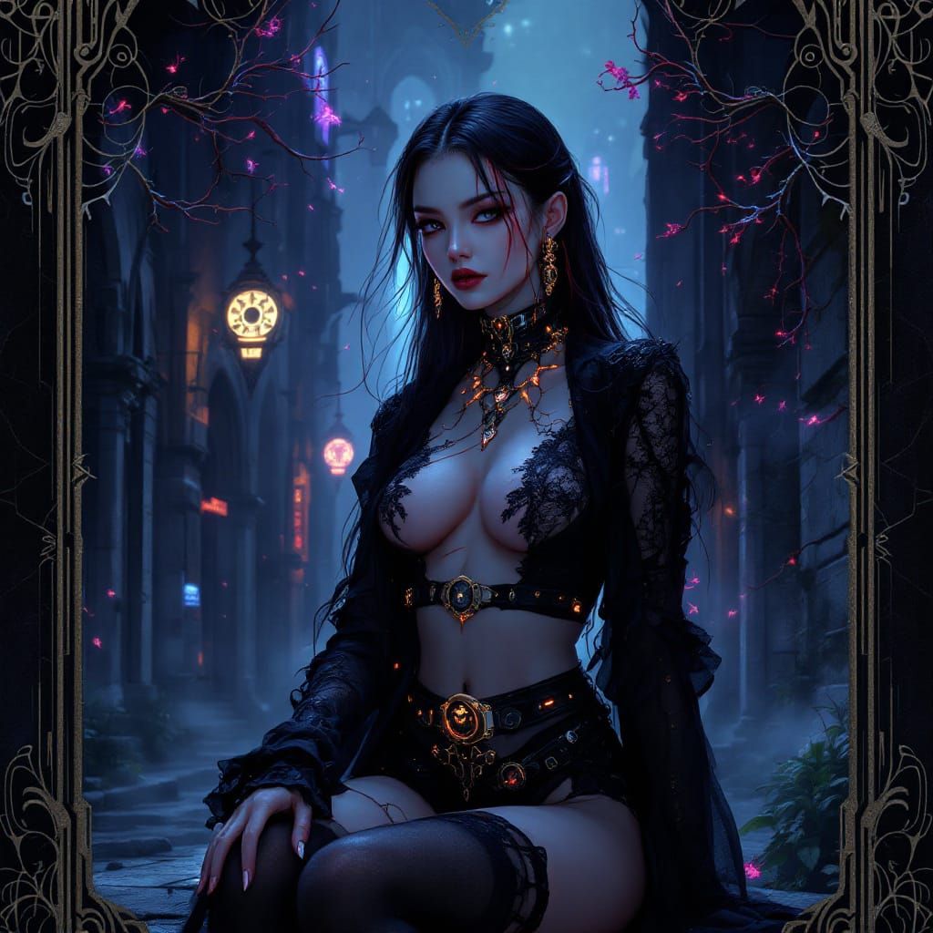 Biopunk Gothic Woman in Futuristic Alley Tarot Card