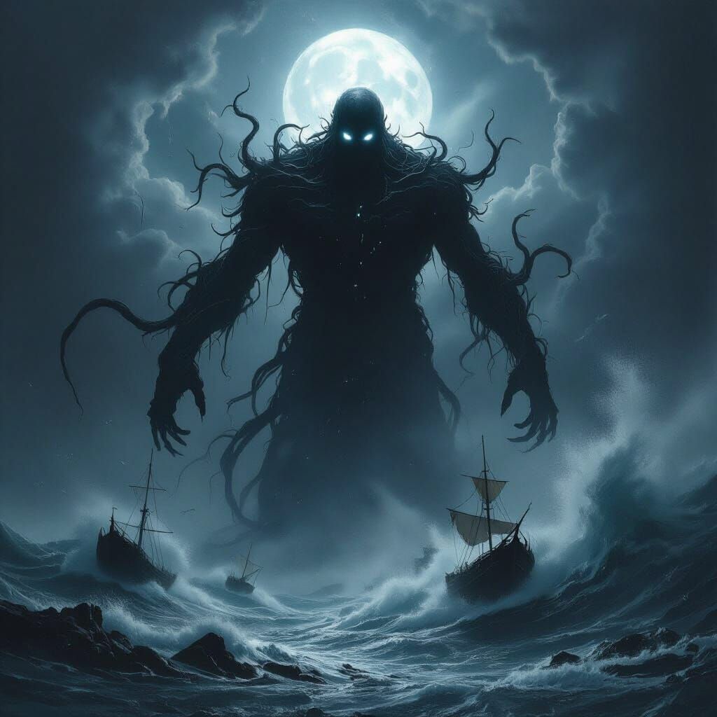 Abyssal Titan of Shadow Emerges From Stormy Sea