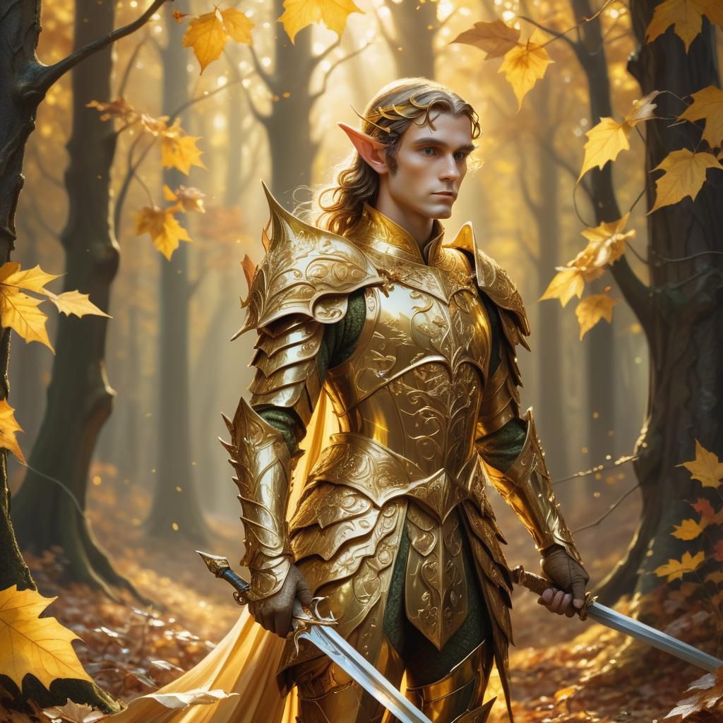 Golden Elf Warrior in Autumn Forest, Oil Painting