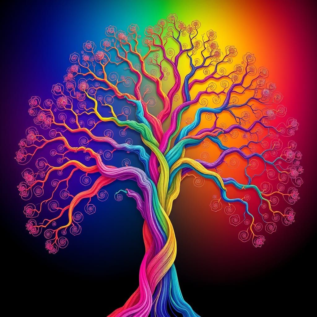 Fractal Rainbow Tree with Intricate Branching in a Digital D...