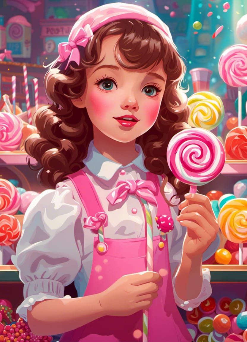 Cute girl holding pink lollipop in candy shop
