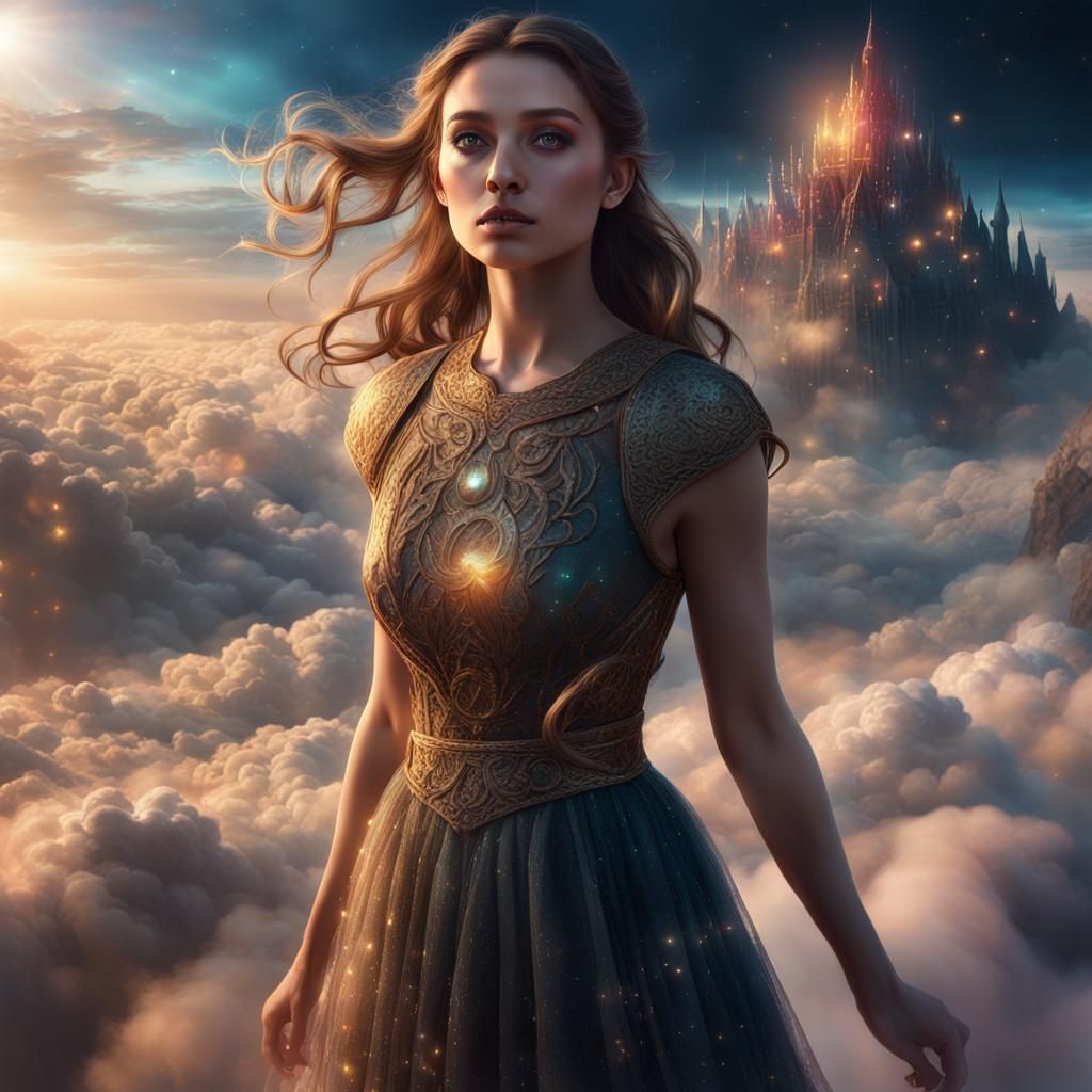Mystical Lights Surround Girl in Fantasy Sky