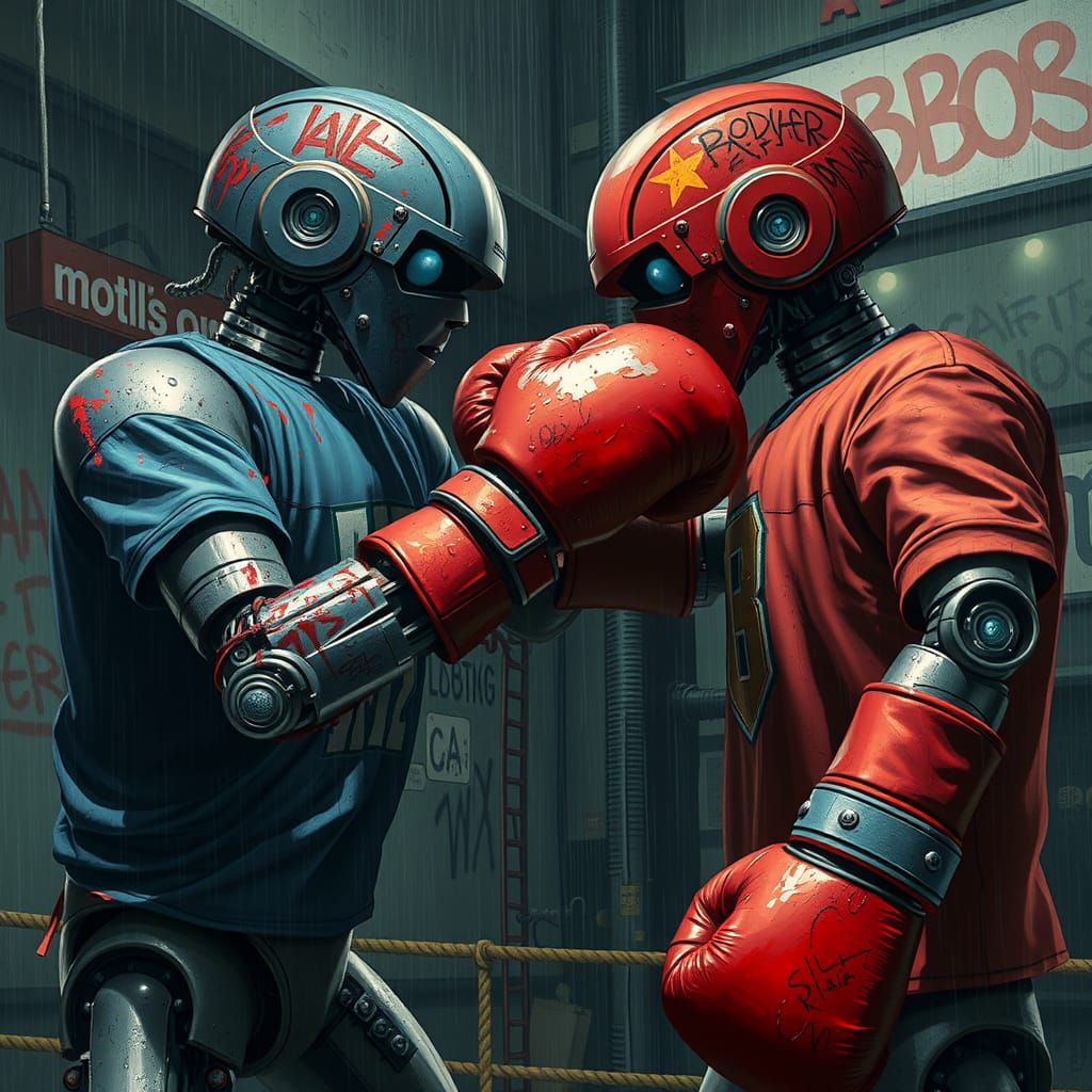Street Art Robots Boxing in Rainy City