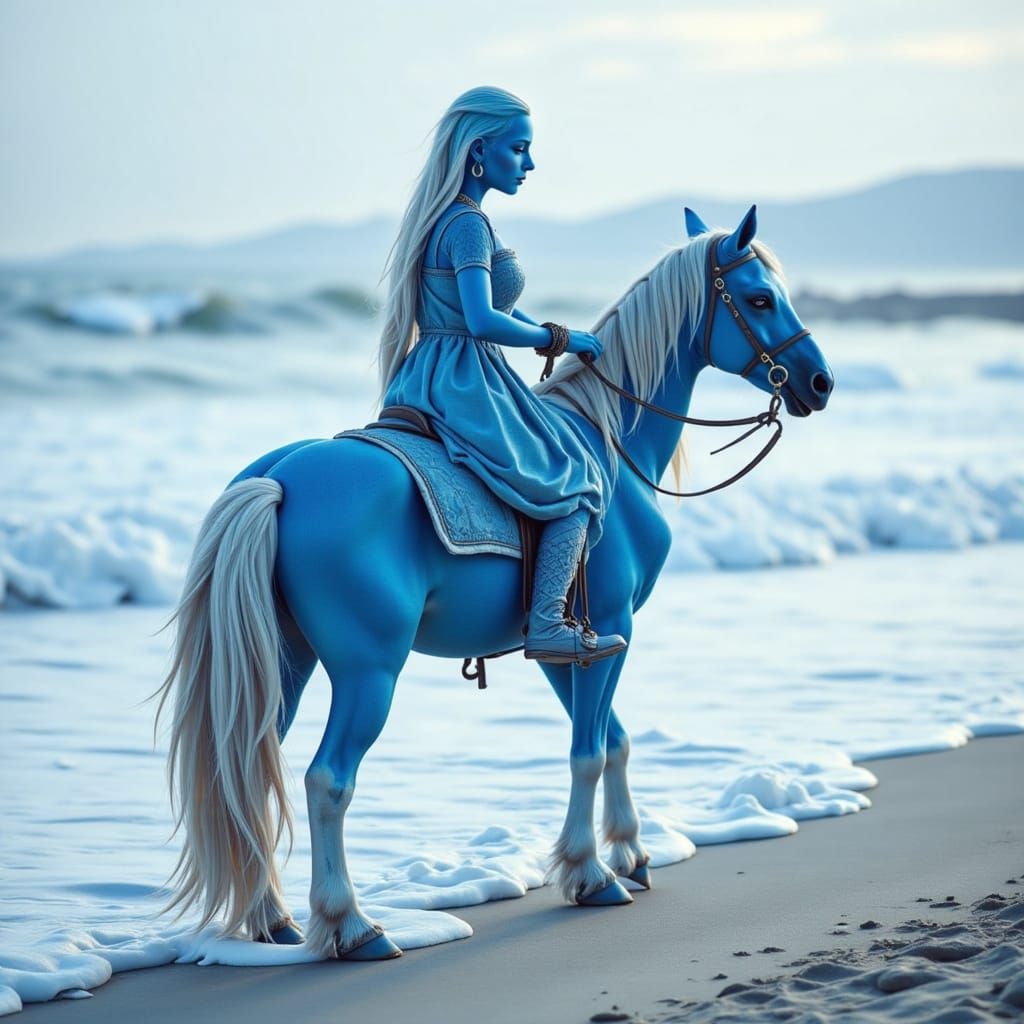 Alien Goddess on Blue Horse, Frozen Beach