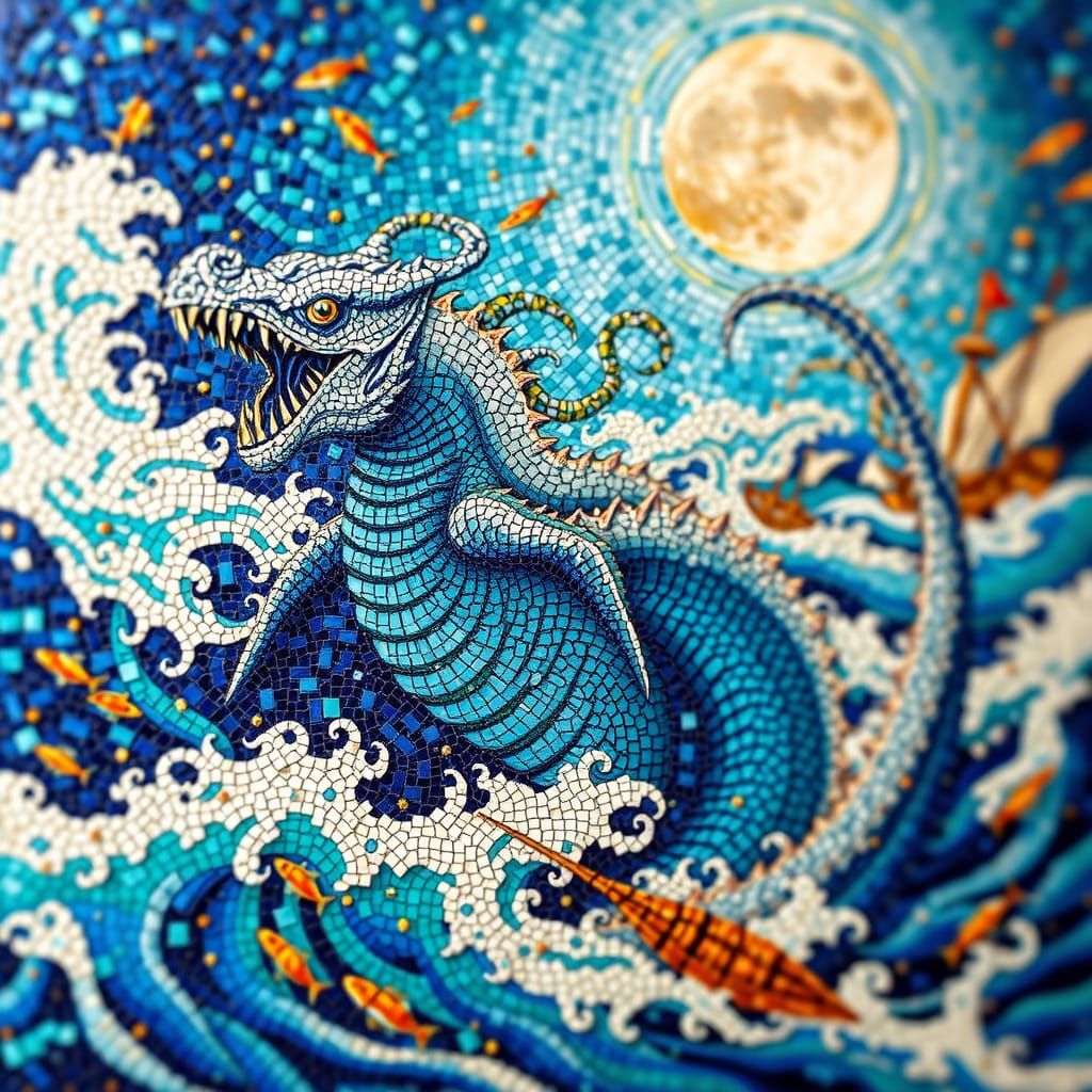 A dazzling, intricate mosaic depicting Cetus, the legendary ...