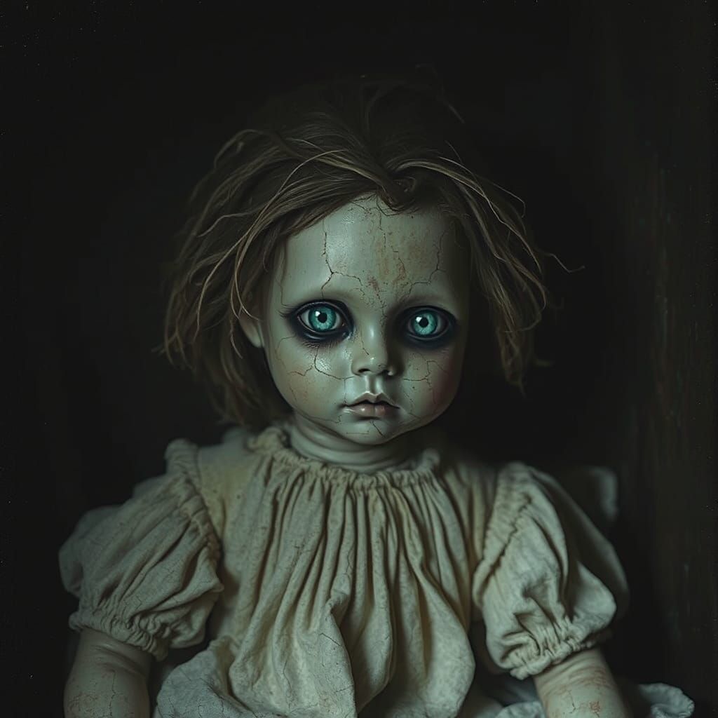 Creepy Cracked Porcelain Doll in Dark Room