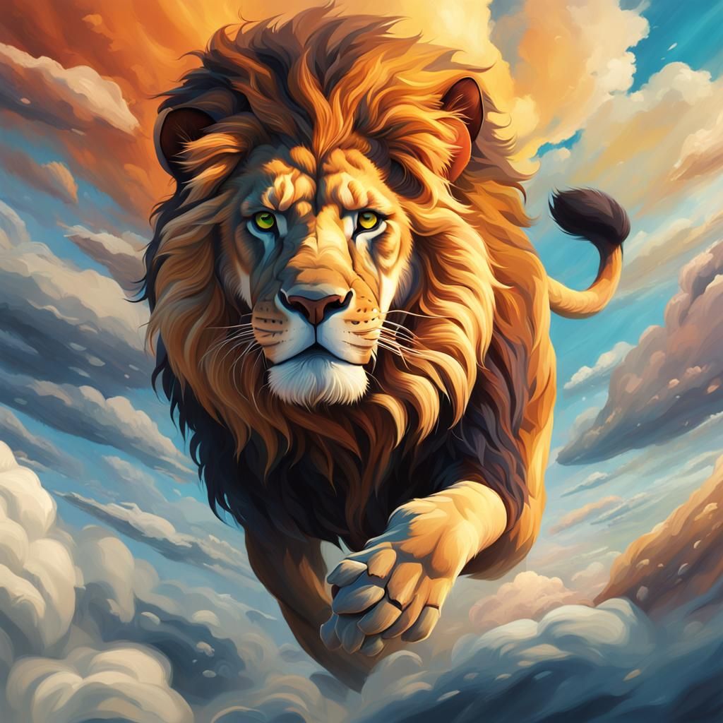 Lion Runs in Clouds: Hyperrealistic Splash Art