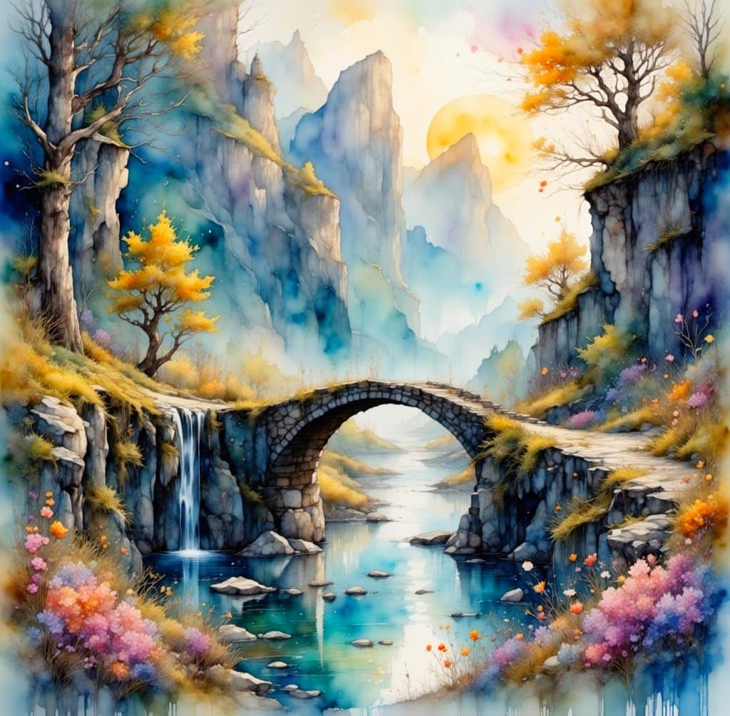 Ancient Bridge in Delicate Watercolor Style
