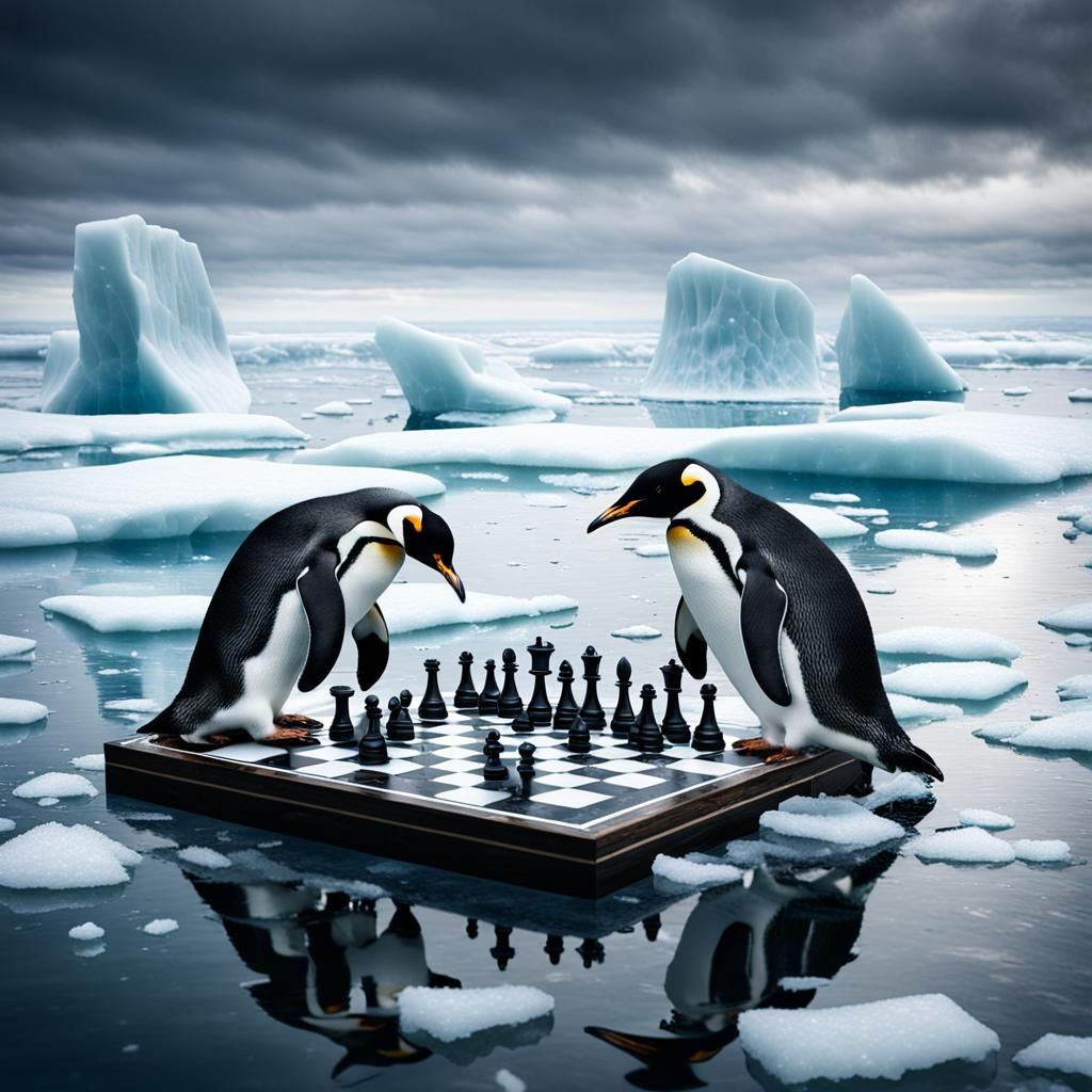 Penguin Chess Game on Drifting Ice, Hyperrealistic